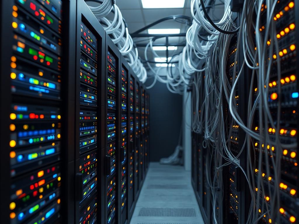 A close up shot of a data center network, featuring