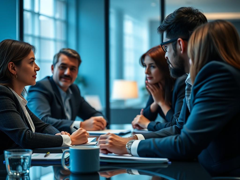 A close up shot of a business team discussing options