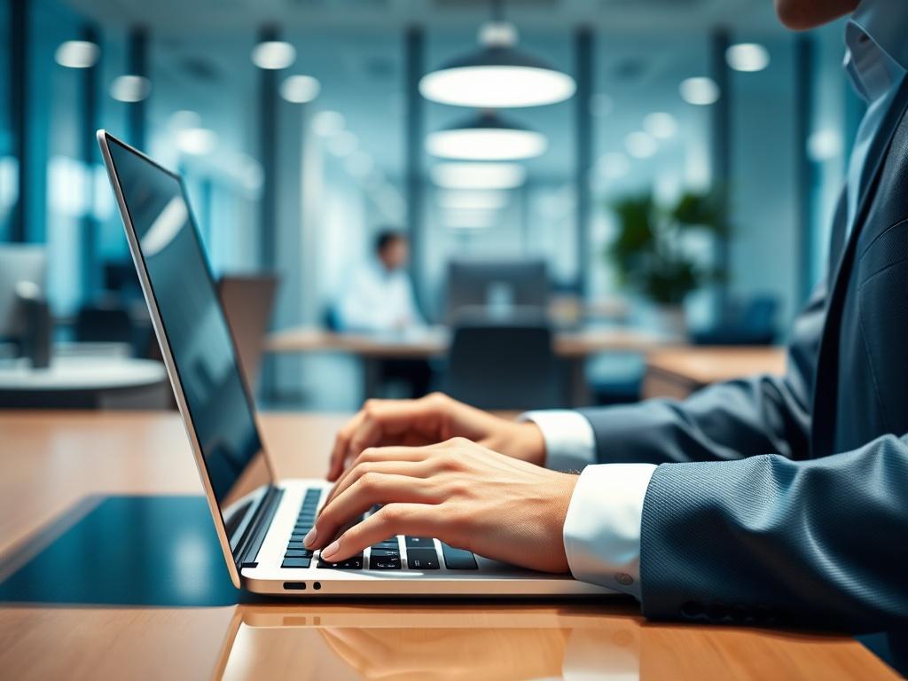 A close up shot of a business professional typing an