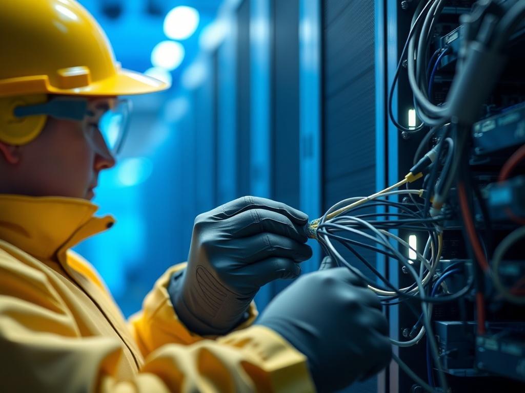 A hyper-realistic close-up shot of a technician expertly connecting fiber optic cables in a data center. The technician is wearing safety gear, focused on the task with a clear view of the intricate cables and connections. The background is a softly blurred data center environment featuring blue-toned lighting that complements the primary color rgb(12, 186, 225). The composition should highlight the technician's hands working on the cables, showcasing precision and professionalism.