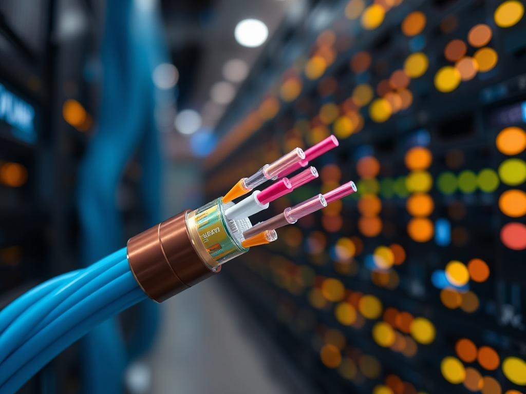A hyper-realistic close-up shot of a fiber optic cable in a Houston data center. The image should capture the intricate details of the cable, showcasing its vibrant colors and textures. The background should be softly blurred, hinting at a busy data center environment with racks of servers and blinking lights. The lighting should be cool-toned, emphasizing the blue hues that align with the brand's color palette, creating a professional and technological atmosphere.