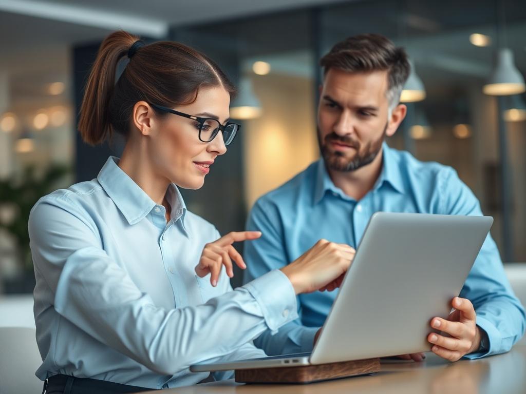 A close-up shot of a professional business consultant explaining connectivity options to a client in a modern office setting. The consultant is pointing at a laptop screen displaying network data while the client listens attentively. The background is softly blurred to emphasize the interaction. The color scheme incorporates shades of blue to match the brand's identity, creating a calming and professional atmosphere.