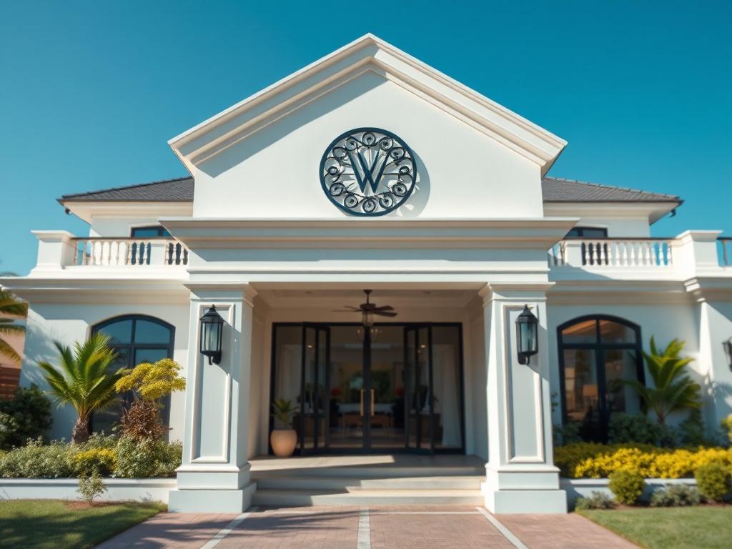 A close-up shot of a luxurious property showcasing elegant architectural branding elements. The image should focus on a beautifully designed entrance with a modern logo prominently displayed. The background should feature a well-maintained garden and a clear blue sky, creating an inviting atmosphere. The composition is simple and clear, emphasizing the branding aspect of the architecture in a hyper-realistic style, captured with a 45mm f/1.2 lens.