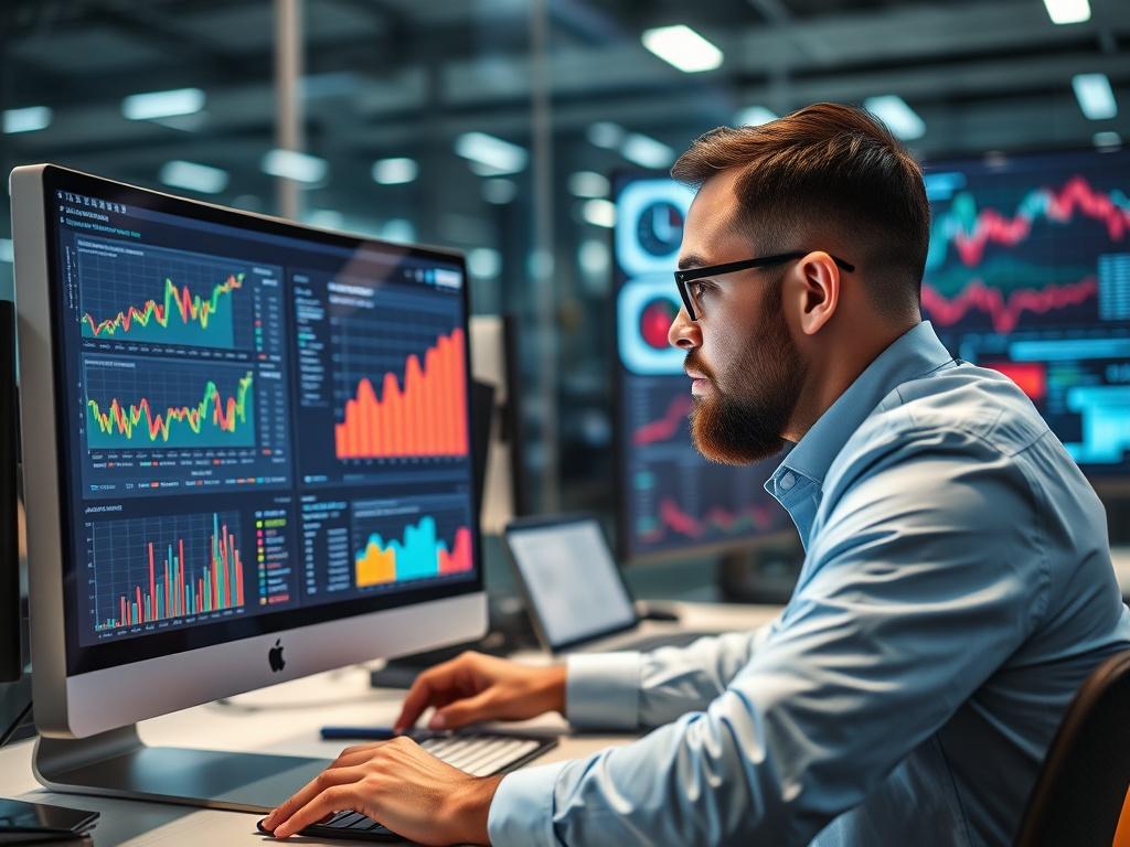 A data analyst reviewing performance reports on a computer screen,