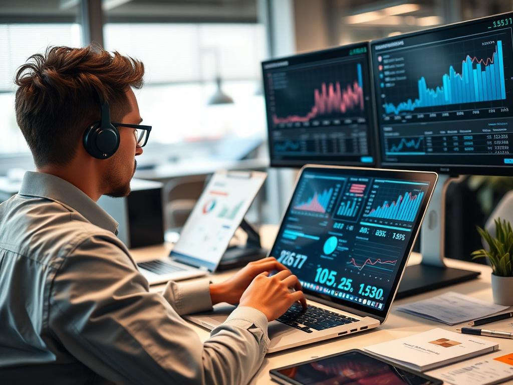 A focused digital marketer working on a laptop, analyzing data
