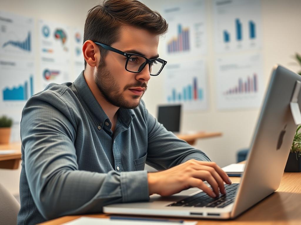 A close-up shot of a professional marketer analyzing data on a laptop, surrounded by digital marketing graphics and charts. The setting is a modern office with a clean and organized desk in the background. The image captures a focused expression on the marketer's face, showcasing determination and expertise in the field of marketing. The primary color of the image should complement a #1C6220 palette.