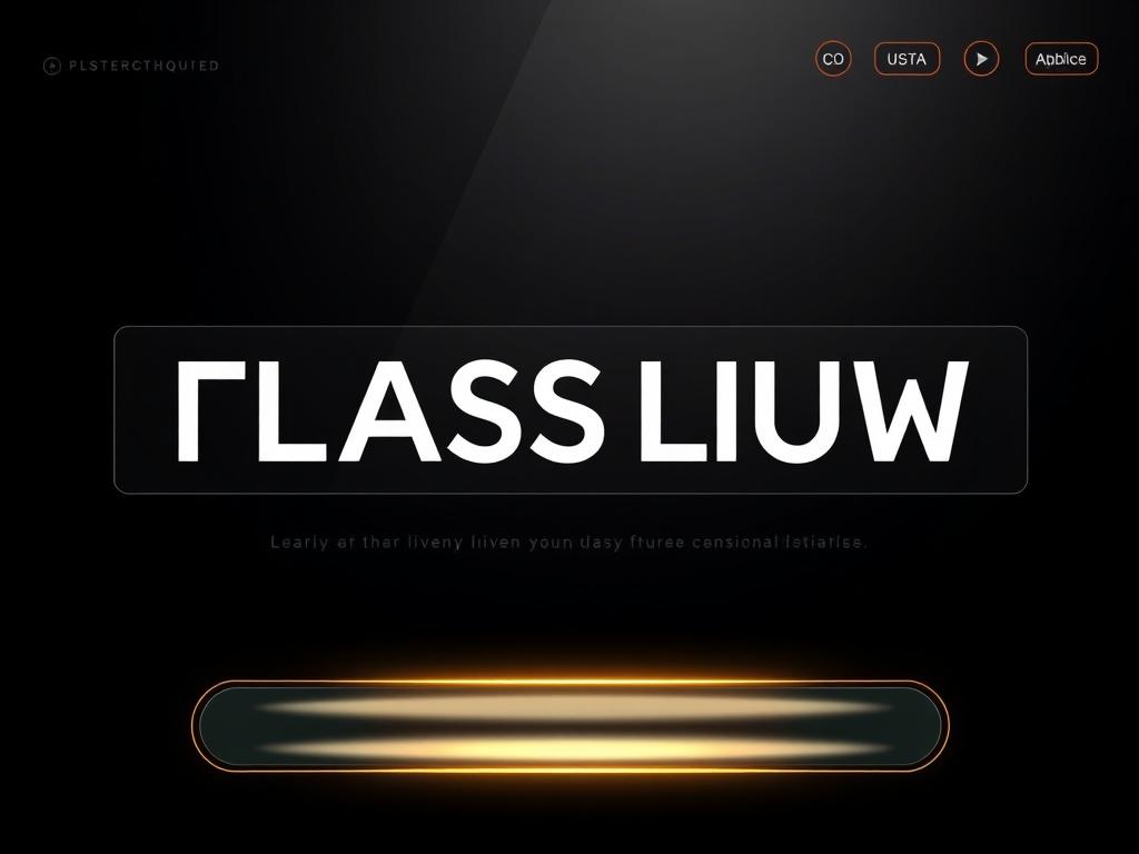 A hyper-realistic close-up of a futuristic website interface featuring deep dark gradient background, glassmorphism panels with translucent backgrounds, and gold accents. The design should show a bold headline in modern sans-serif, transparent CTA buttons, and ambient glows in soft gold and faint blue. The composition should be sleek and modern, emphasizing luxury and tech-driven aesthetics.