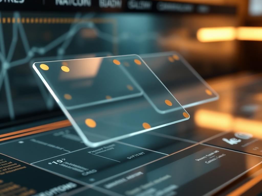 A hyper-realistic close-up of floating glass cards on a futuristic website interface. Each card should have a translucent background, spacious vertical spacing, and gold accents. The design should feature smooth hover effects and reveal animations, emphasizing modern aesthetics and user engagement in a luxurious setting.