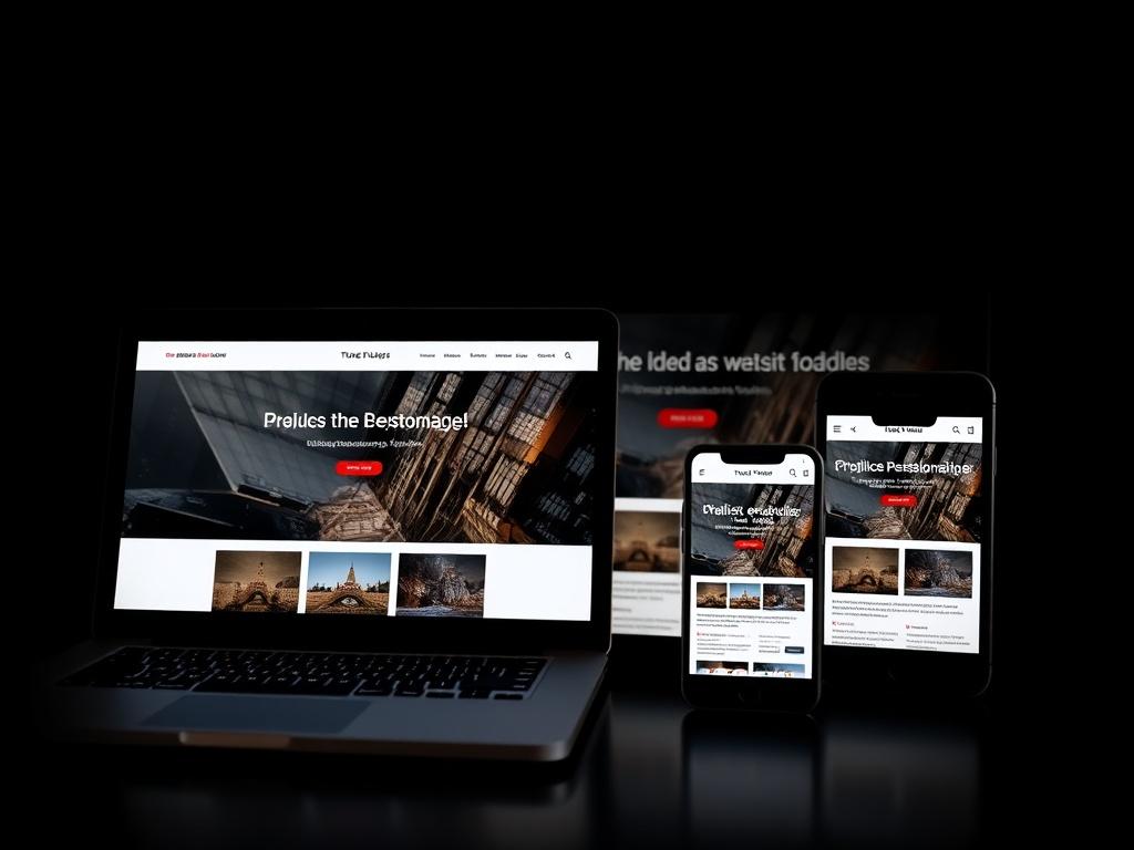 An image showing multiple devices (laptop, tablet, smartphone) displaying the same website design, showcasing its responsive adaptations. The devices are set against a dark background, with ambient glows highlighting the elegance of the design.
