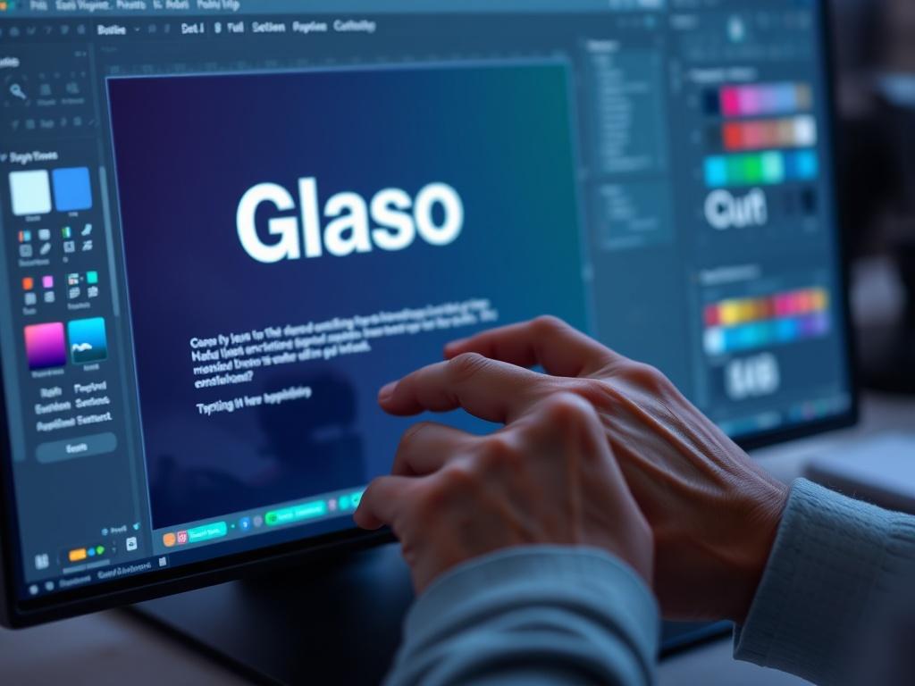 A close-up shot of a designer's hands working on a digital design interface, showcasing glassmorphism elements and typography choices. The screen displays a deep dark gradient background with glowing accents. The workspace is clean and modern, with design tools and color palettes visible.