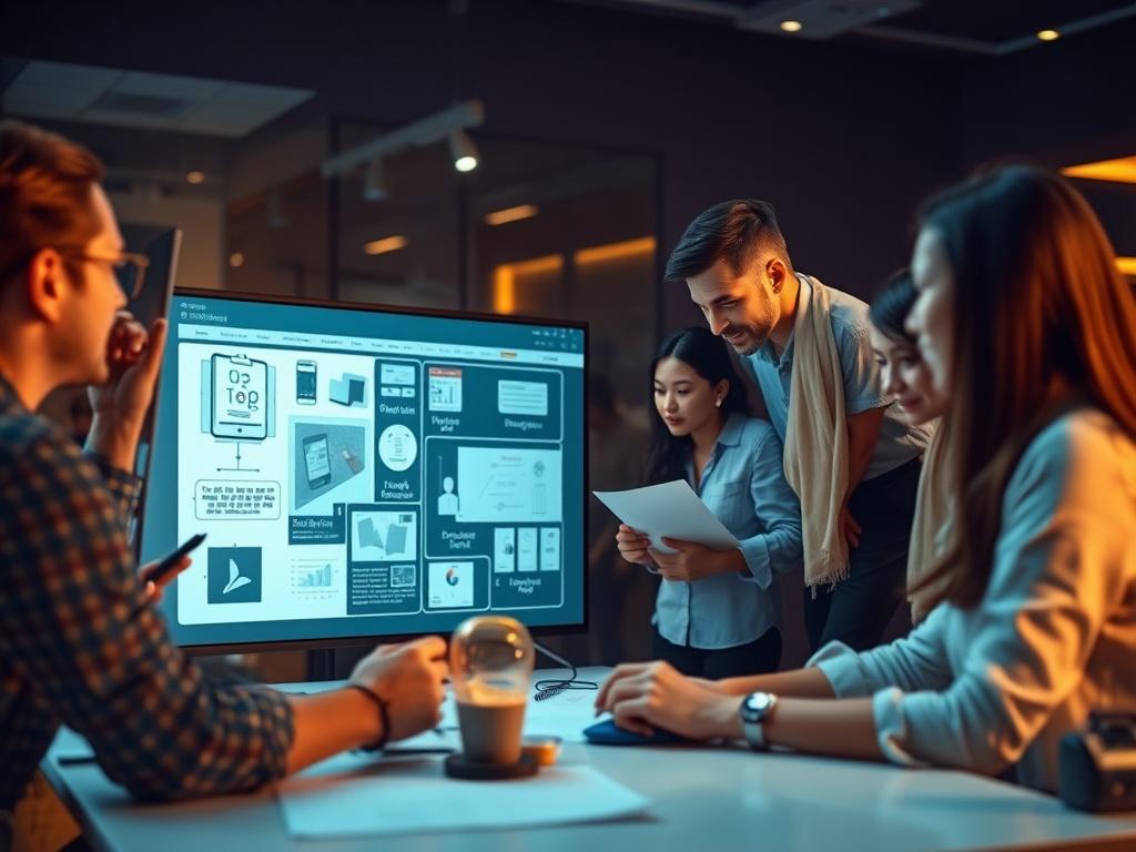 A modern office setting with a diverse team of professionals brainstorming over a design concept on a large screen. The atmosphere is vibrant and creative, with sketches and digital tools around them. The background features a subtle gradient of dark colors, and there are soft gold ambient glows illuminating the workspace.