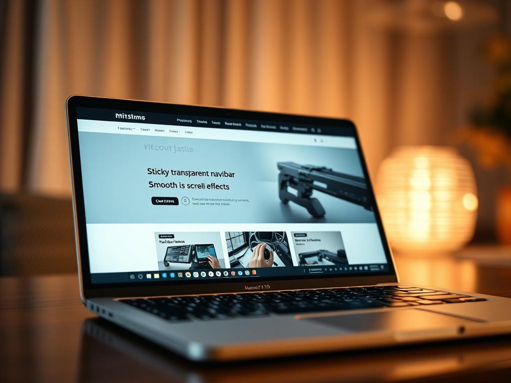 A sleek, modern website interface displayed on a laptop screen, highlighting interactive features such as a sticky transparent navbar and smooth scroll effects. The background is softly illuminated with subtle ambient glows, creating a luxurious feel.