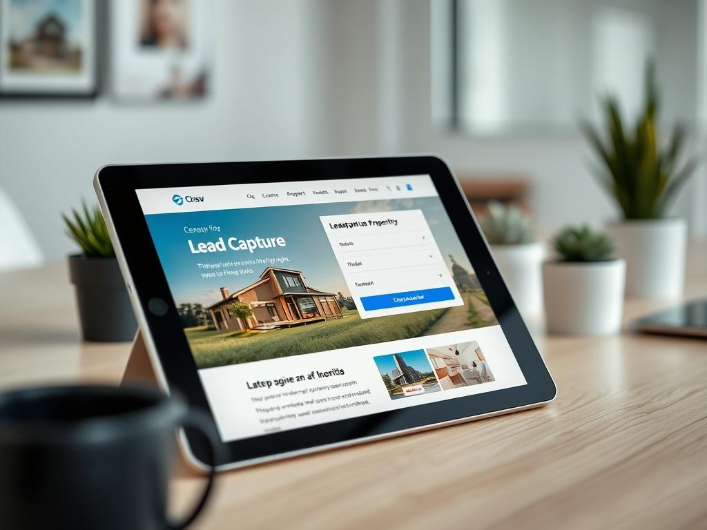 A close-up shot of an engaging landing page displayed on a tablet, highlighting key features like a lead capture form and attractive property images, set against a clean, modern workspace backdrop that reflects digital marketing innovation.