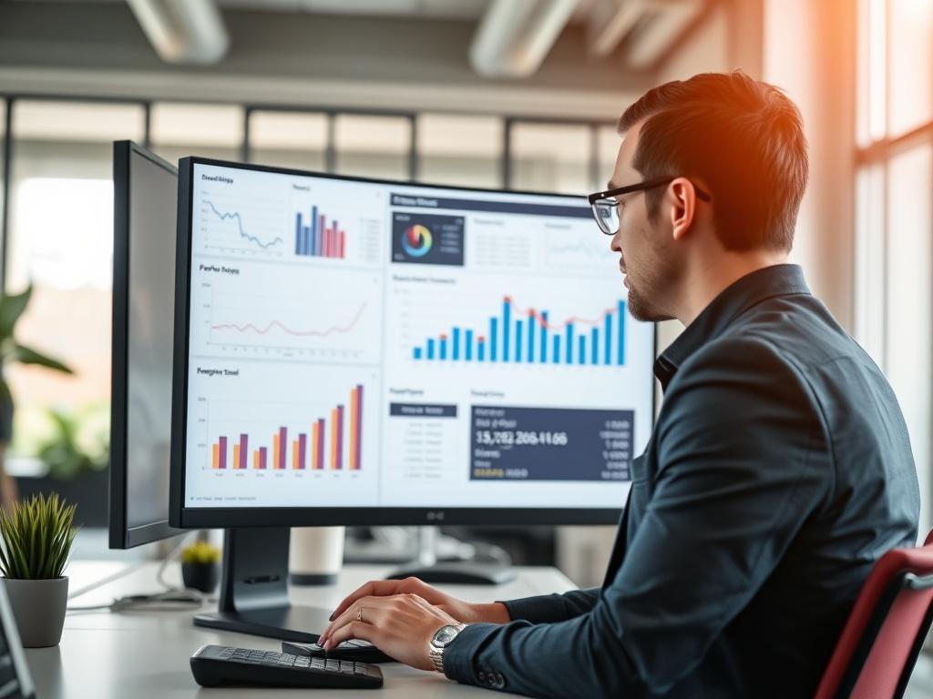A close-up shot of a marketing analyst reviewing performance metrics on a computer screen, with charts and graphs displayed, in a contemporary office setting that conveys a sense of professionalism and strategic planning.
