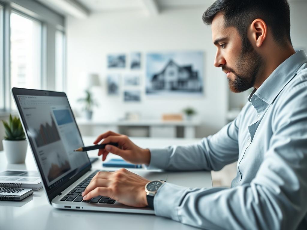 A close-up shot of a real estate agent working on a laptop, analyzing data and leads, with a modern office background, showcasing a professional and focused atmosphere. The setting should have a clean, organized look, emphasizing digital marketing tools and real estate elements like property images or brochures.