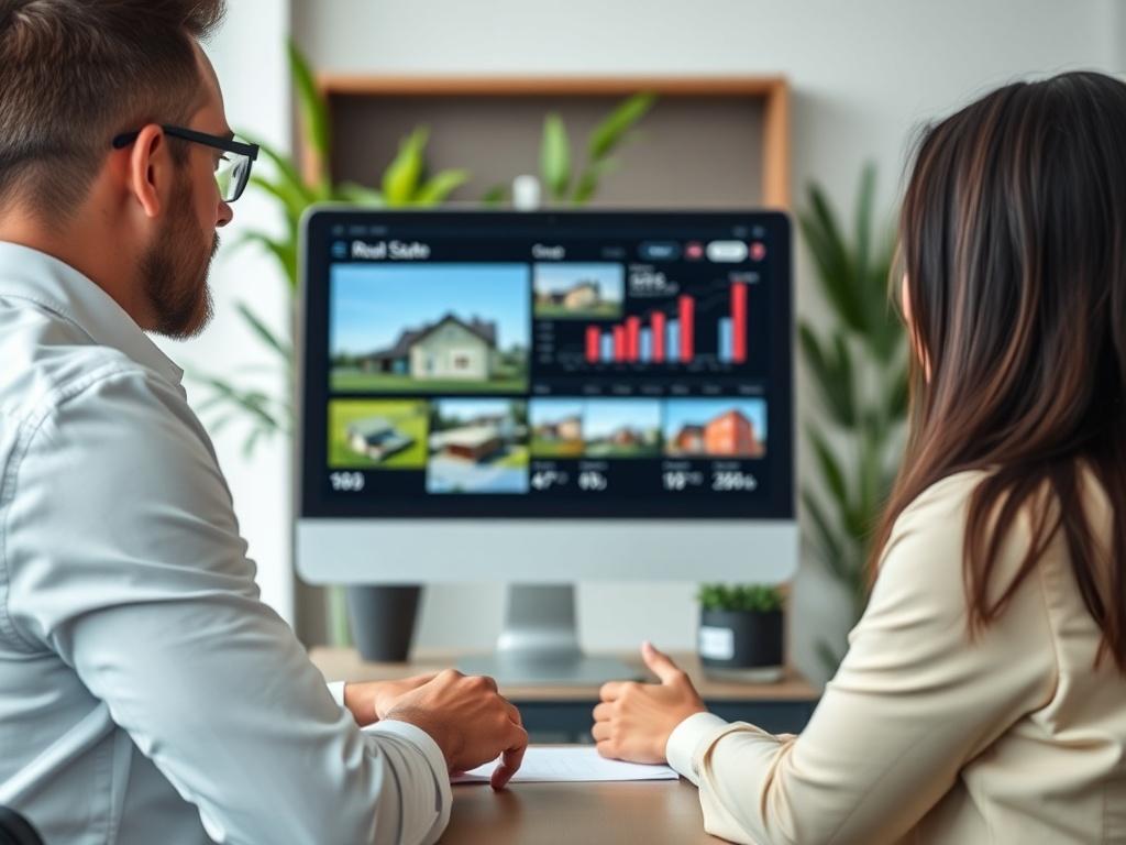 A close-up shot of a real estate agent engaging with clients in a modern office setting, showcasing a computer screen displaying property listings and digital marketing analytics. The background is softly blurred with a hint of greenery, emphasizing a professional yet inviting atmosphere. The image should be taken with a 45mm f/1.2 lens style, capturing the focus on the agent's interaction and the vibrant colors of the office.