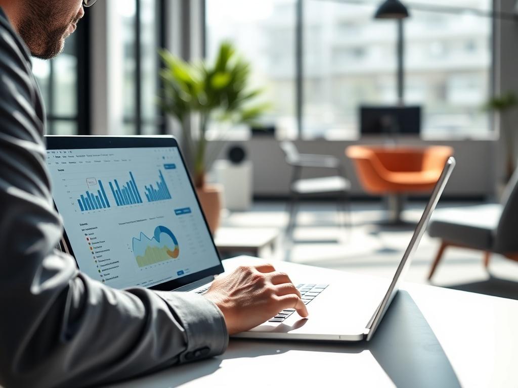 A close-up shot of a professional marketing strategist working on a digital marketing campaign for a real estate agency. The scene shows the strategist analyzing data on a laptop, with charts and graphs displayed on the screen. The background is a modern office space with a sleek, minimalist design, featuring elements like a plant and stylish furniture. The lighting is bright and inviting, capturing a sense of innovation and professionalism.