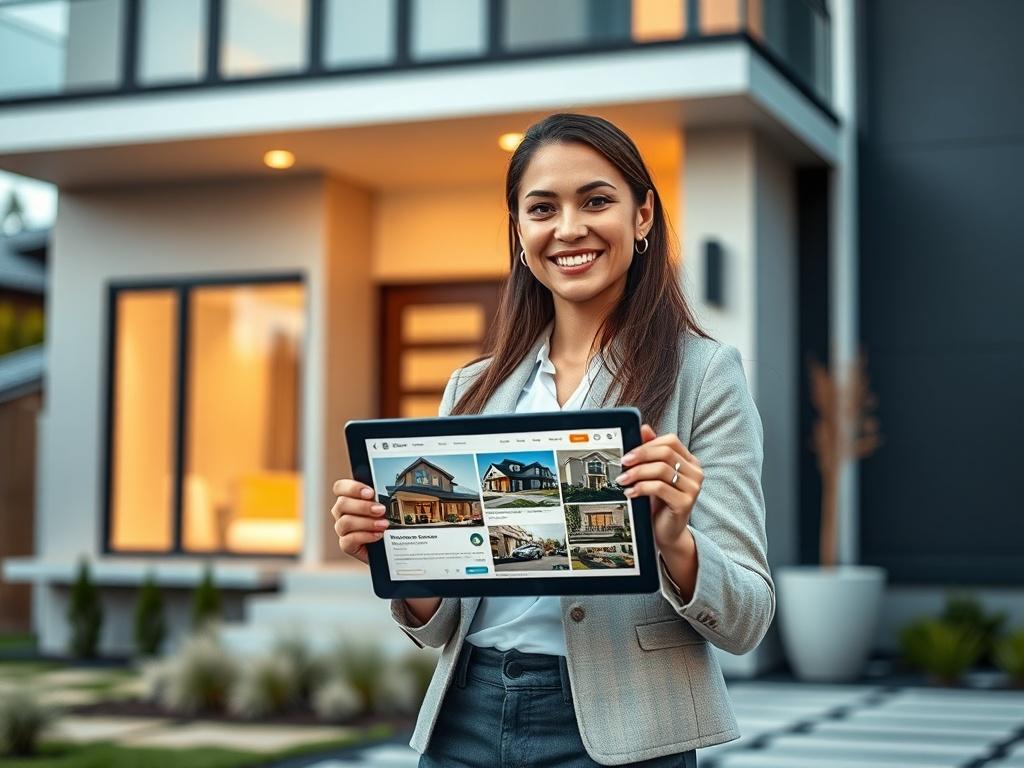 **Prompt for AI Image Generator:**

Create a realistic high-resolution photograph that reflects the theme of "Top 5 Digital Marketing Strategies for Real Estate." The image should feature a single subject: a confident real estate agent standing proudly in front of a modern, stylish home. The agent is a woman in her 30s, dressed in professional attire, holding a tablet displaying real estate listings with a positive expression, symbolizing expertise and engagement with digital tools.

The background should s