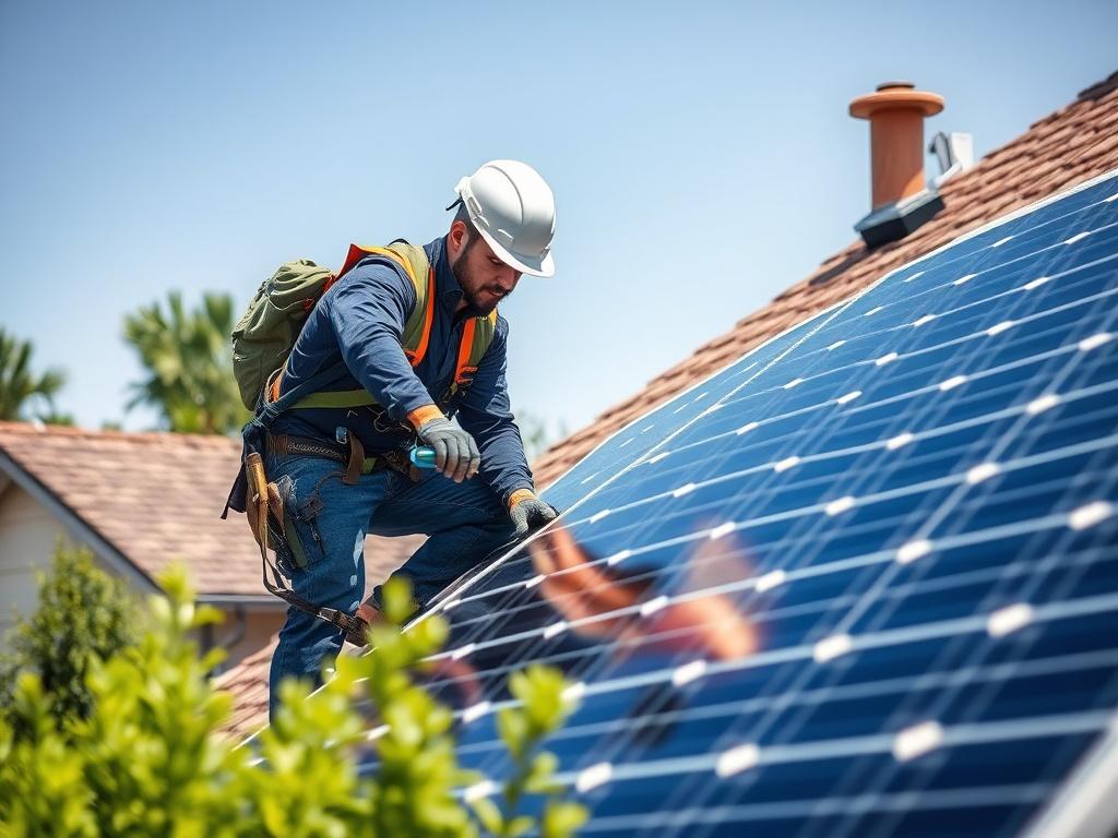 A skilled technician installing solar panels on a residential rooftop,