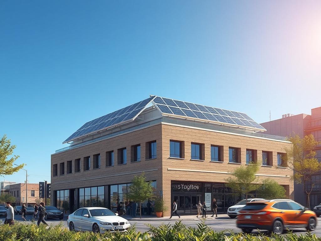 A commercial building with solar panels on the rooftop, set