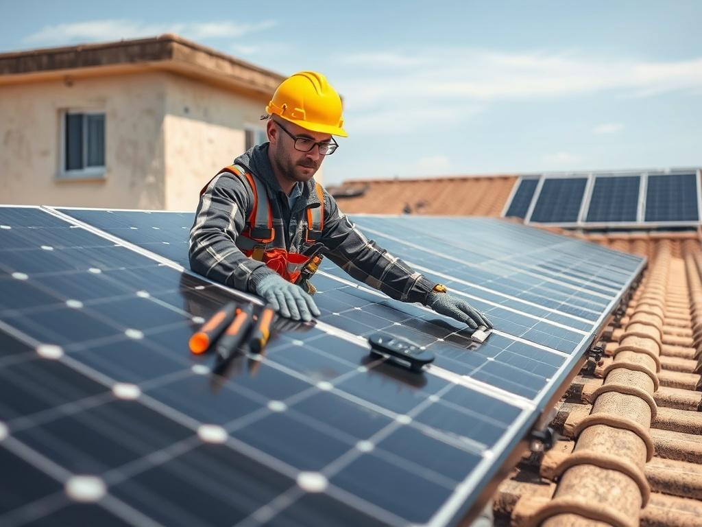 A technician inspecting solar panels on a rooftop, equipped with