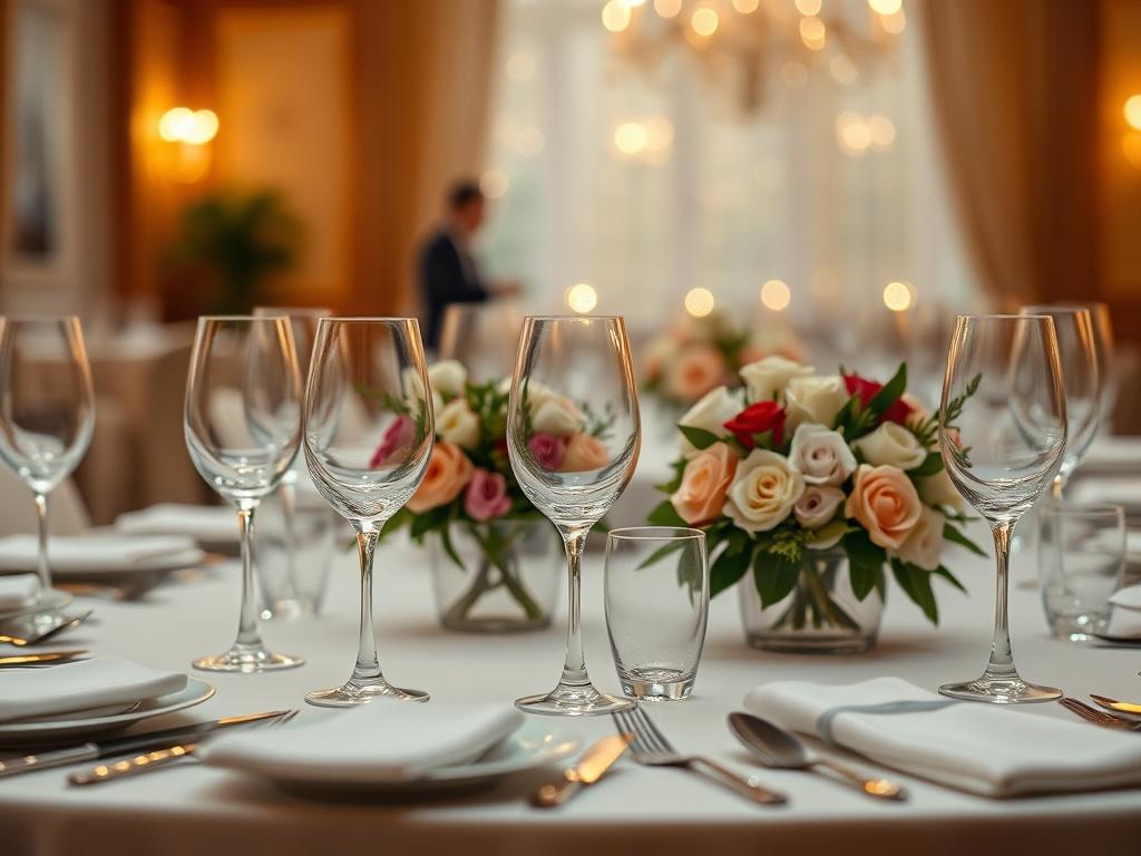 A hyper-realistic close-up shot of a beautifully arranged dining table for a hospitality event. The table features elegant tableware, including fine china, sparkling glassware, and tasteful floral centerpieces. The background is softly blurred, showcasing a warm and inviting atmosphere, with soft lighting that enhances the elegance of the setting. The image is captured with a 45mm f/1.2 lens style, focusing on the details of the table setting.