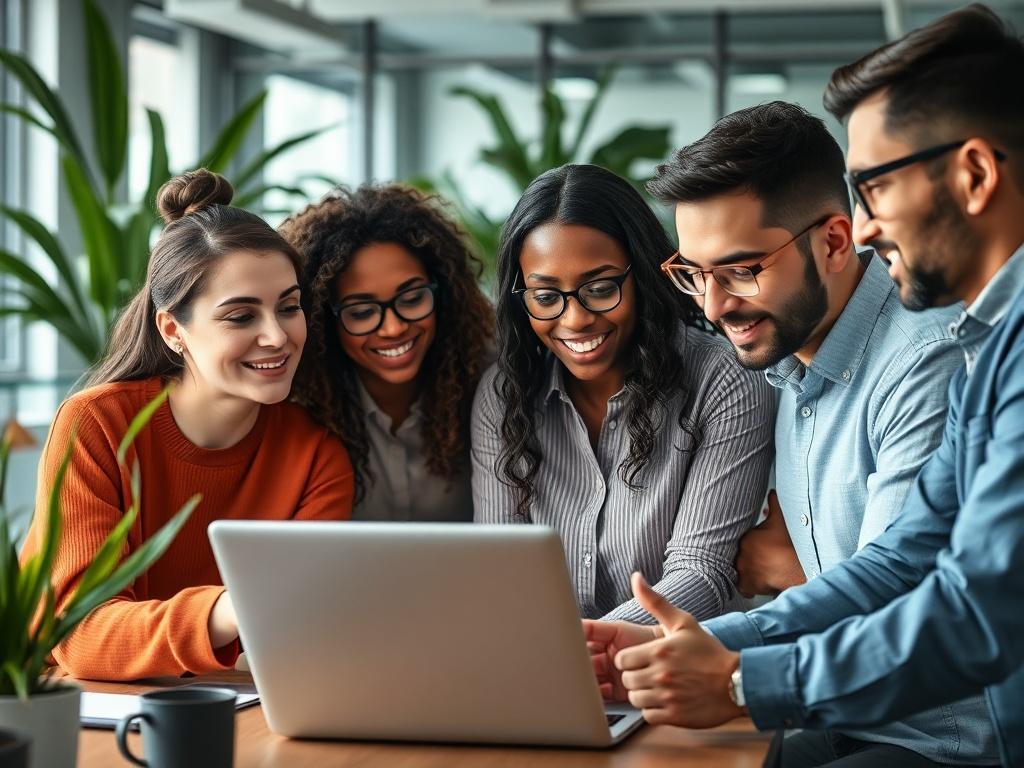 A close-up shot of a diverse team of professionals collaborating at a modern workspace. The scene captures engaged expressions as they discuss strategies over a laptop. The background features a clean, well-lit office environment with plants and contemporary decor, emphasizing a productive atmosphere. The image should evoke a sense of teamwork and innovation, shot with a 45mm f/1.2 lens style.