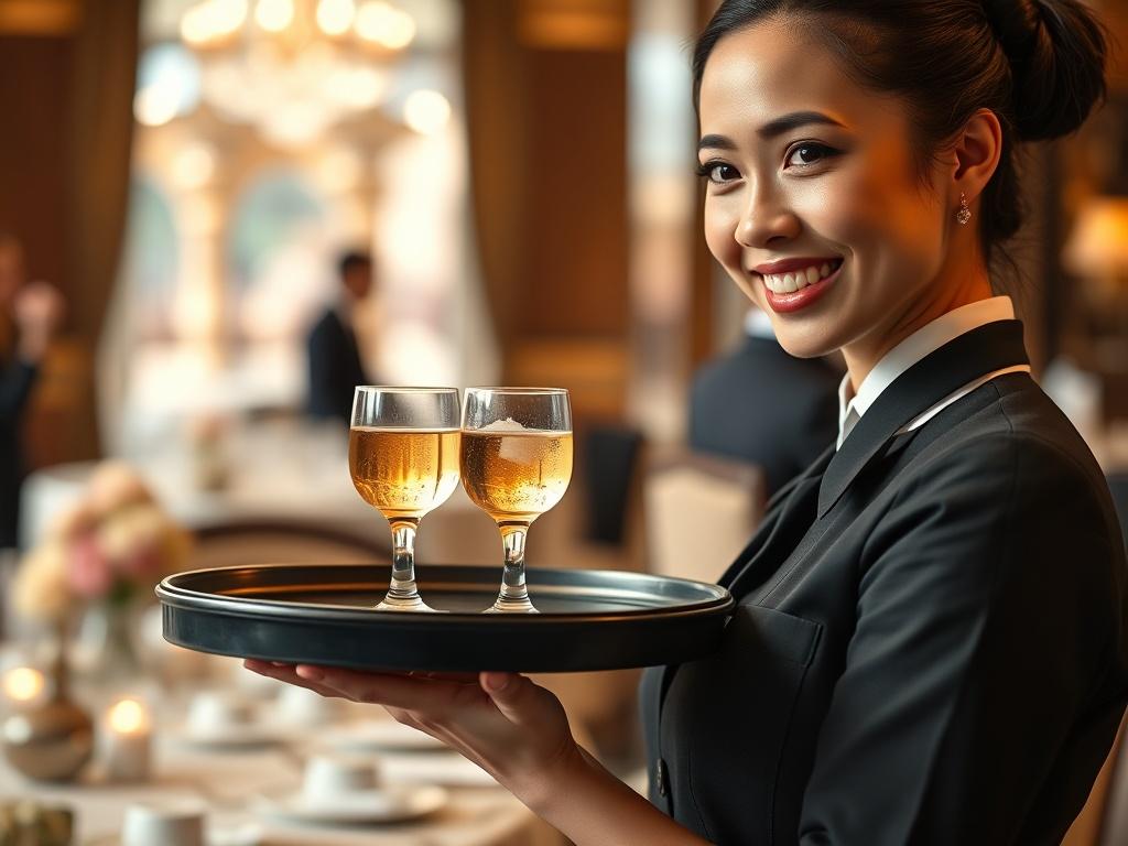 A close-up shot of a professional hospitality staff member in a well-dressed uniform, smiling warmly while holding a service tray with elegant drinks. The background should depict a luxurious event setting with subtle decorations, showcasing an atmosphere of sophistication and warmth. The image should be hyper-realistic, with a focus on the staff member's expression and the intricate details of the tray, shot with a 45mm f/1.2 lens to create a soft bokeh effect.