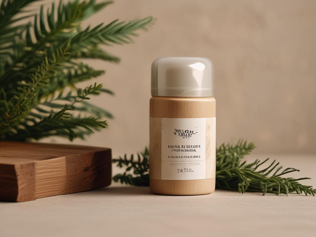 A close-up of a natural deodorant container made from sustainable materials, showcasing the earthy textures and tones of the product. The background features subtle elements of nature, such as leaves and a wooden surface, emphasizing the organic and rustic aesthetic. The lighting is soft and warm, highlighting the product's features.