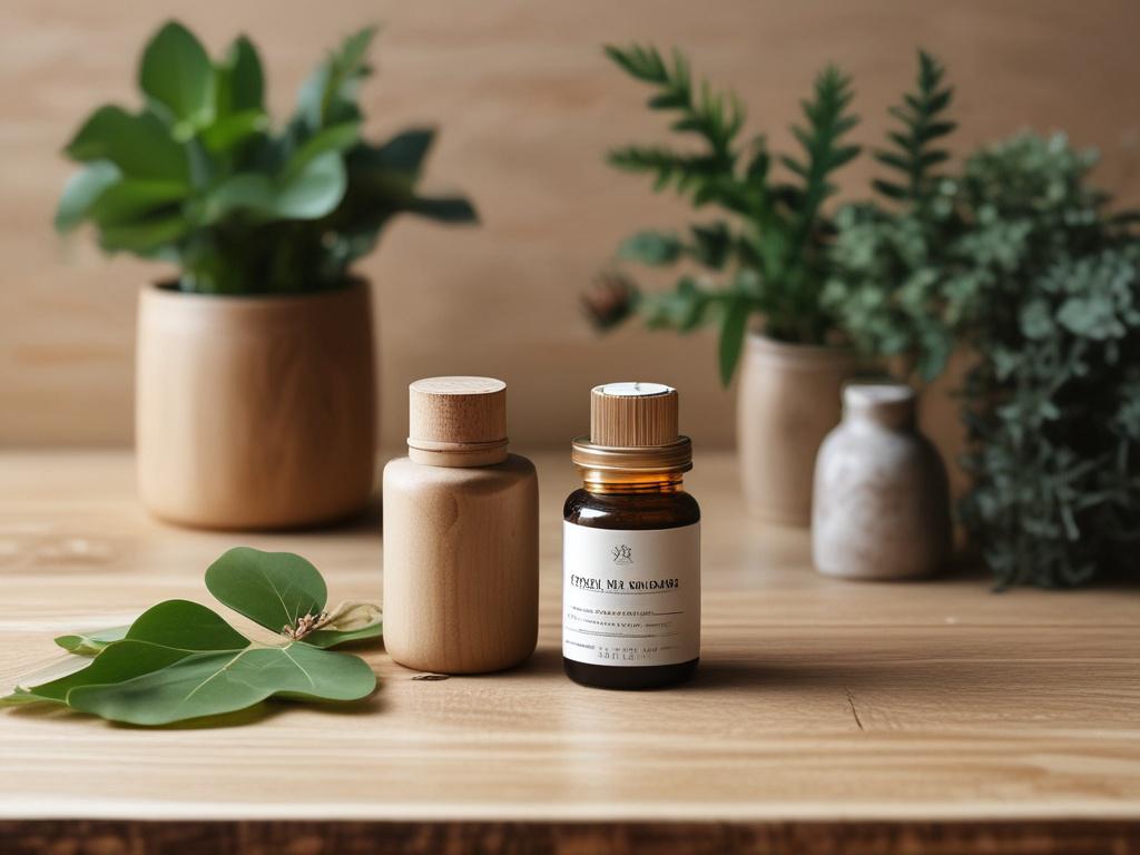 A rustic wooden table with an open jar of natural deodorant, surrounded by fresh kawakawa leaves and manuka flowers. The background features soft, earthy textures and muted colors, enhancing the natural aesthetic.