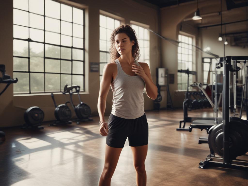An athlete in a fitness studio, confidently applying Earth Skin deodorant before a workout. The background is filled with gym equipment, emphasizing an active lifestyle, with natural light filtering in.
