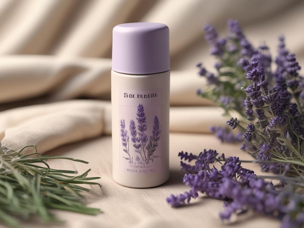 A high-resolution image of a roll-on deodorant featuring a calming lavender design. It sits elegantly on a soft linen cloth, surrounded by fresh lavender sprigs and tea tree leaves, with gentle, diffused lighting to evoke a sense of serenity.
