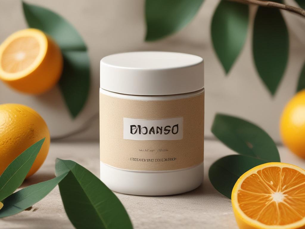 A high-resolution image of a deodorant jar with a sleek and modern design, showcasing vibrant citrus fruits and eucalyptus leaves around it. The setting is a natural stone surface, with sunlight illuminating the scene to enhance the fresh and invigorating feel.