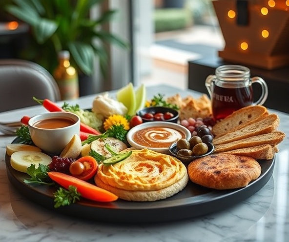 Mediterranean mezze platter with cardamom coffee