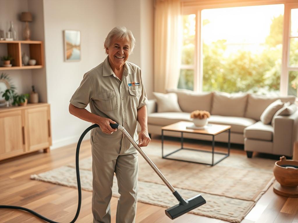 **Prompt for AI Image Generator:**

Create a highly detailed, realistic high-resolution photo that captures the essence of professional cleaning services for a home. The composition should be simple and clear, featuring a single subject: a friendly, professional cleaner in the midst of their work. 

The cleaner should be a middle-aged individual, wearing a clean, branded uniform, enthusiastically vacuuming a beautifully maintained living room. The cleaner’s expression should convey satisfaction and pride in