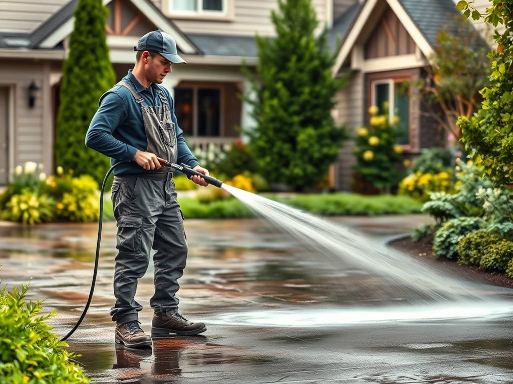A realistic high-resolution image of a professional pressure washing service in action, showcasing a worker using a pressure washer to clean a driveway. The scene should have a clear focus on the worker and the powerful spray of water removing dirt and grime from the surface. The background should include a well-maintained home exterior and lush green landscaping, all rendered in natural tones and earthy textures.