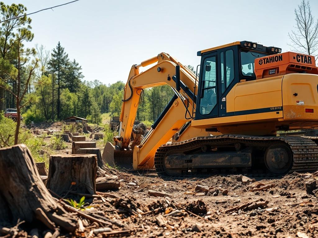 Create a realistic high-resolution photo that visually represents the essence of land clearing. The composition should be simple and clear, featuring a single subject: a professional land clearing machine, such as a bulldozer or excavator, actively working on a site. 

The subject should be prominently positioned in the foreground, showcasing its powerful and robust design as it moves through an area with trees, brush, and debris. The machine should be depicted in action, either clearing vegetation or diggi