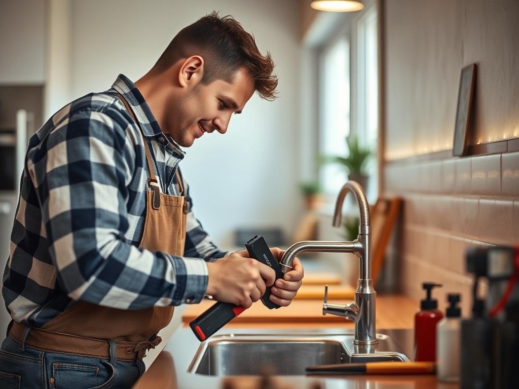 A high-resolution photo of a handyman working on a home repair, using tools to fix a faucet. The setting is a clean, modern kitchen, highlighting the handyman's skill and professionalism. The focus should be on the handyman and the task at hand, with a warm, inviting ambiance.