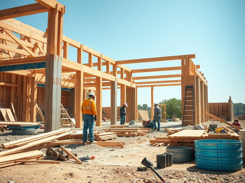 A high-resolution photo of a construction site with workers actively engaged in building a structure. The image should capture the essence of teamwork and craftsmanship, showcasing tools and materials in a well-organized manner. The setting should reflect a sunny day, emphasizing a productive and positive atmosphere.