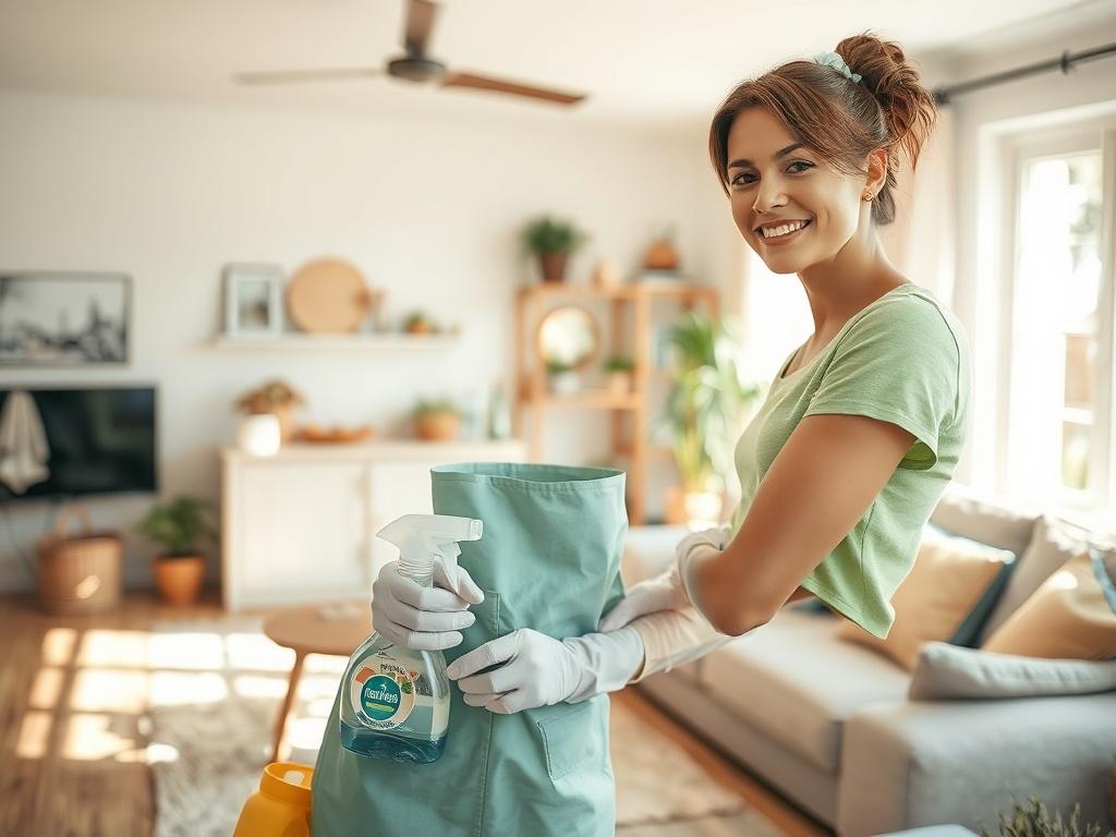 A high-resolution photo of a professional cleaner in action, wearing gloves and using eco-friendly cleaning products. The background features a beautifully cleaned living room with natural light streaming in, showcasing a neat and organized space. The cleaner should be the main focus, with a warm, inviting atmosphere.