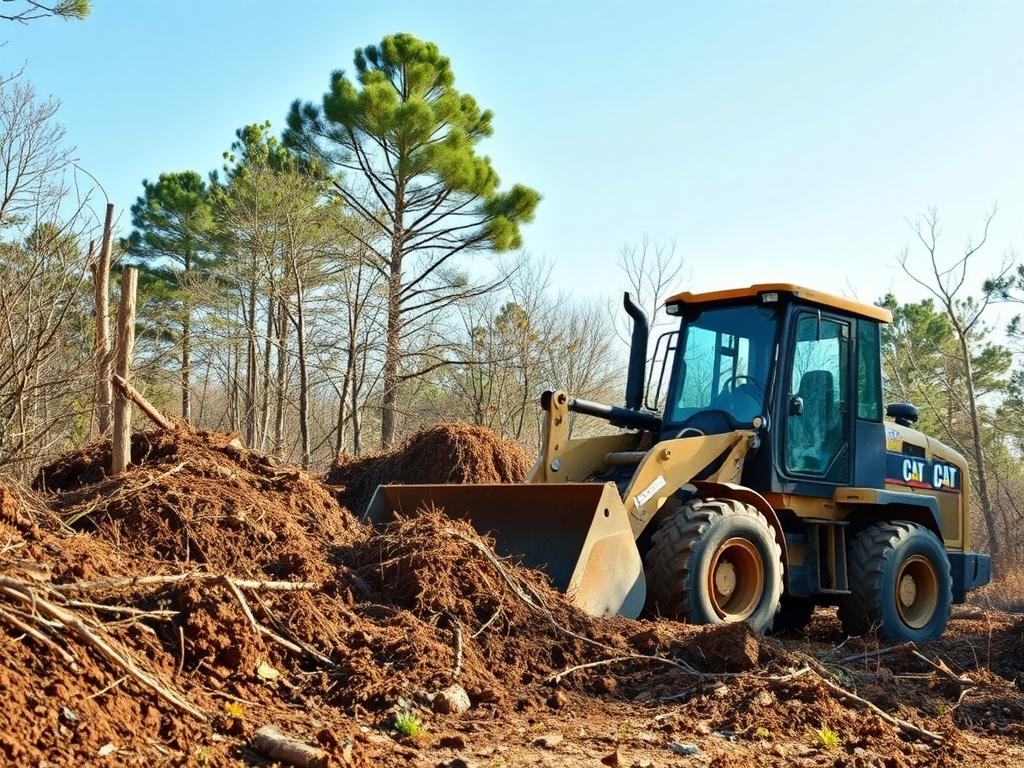 A realistic high-resolution image of a professional land clearing operation in progress. The scene features heavy-duty equipment, such as a bulldozer or excavator, clearing a wooded area. The background shows a mixture of trees and brush being removed, with a focus on the machinery at work. The setting is bright and natural, showcasing earthy tones and textures, with a clear sky above.