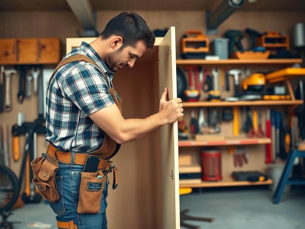 A handyman in a tool belt working on a home
