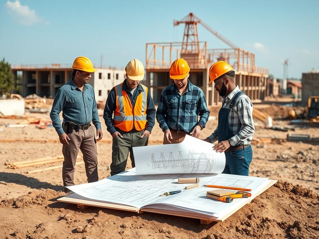 A construction site with workers in hard hats collaborating on