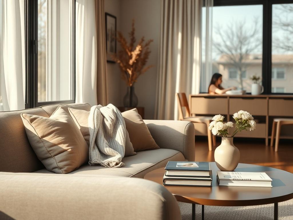 **AI Image Generation Prompt:**

Create a realistic high-resolution photo of a calm and inviting home interior space that has recently been remodeled. The composition should focus on a beautifully designed living room featuring a single statement piece, such as a comfortable, modern couch or a stylish dining table, showcasing both functionality and aesthetics. The couch should be adorned with plush throw pillows in warm, earthy tones, and a light blanket draped over the arm to evoke a feeling of comfort.

T