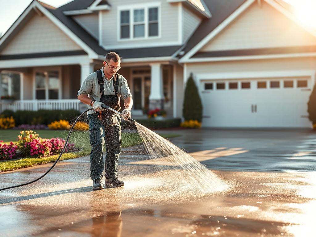 Create a realistic high-resolution photo that encapsulates the theme "Pressure Washing for a Fresh Start." The composition should feature a single subject: a professional pressure washer operator in action, positioned at the center of the frame. 
The operator should be dressed in clean, casual workwear, including safety goggles and protective gloves, to emphasize the professionalism of the service. They should be using a high-powered pressure washer, with water cascading down the driveaway, effectively rem