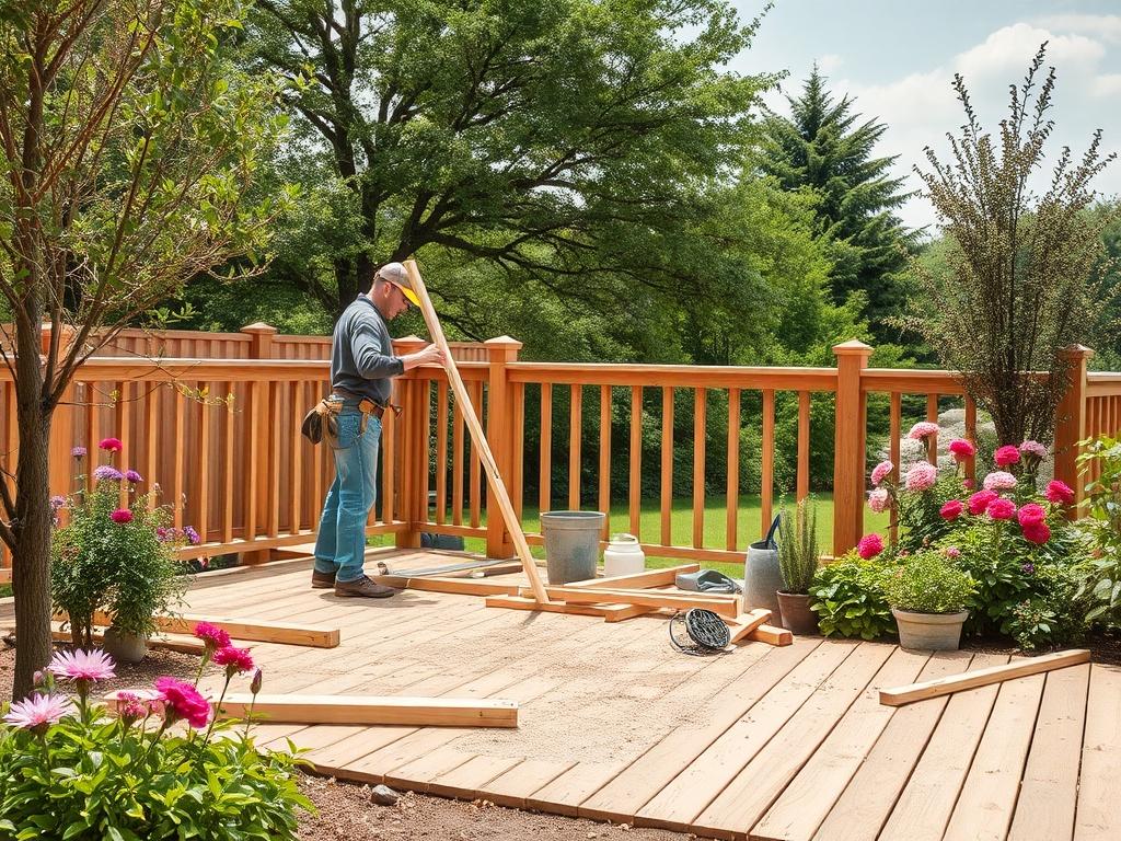 A construction worker on-site, building a wooden deck in a beautiful garden setting, surrounded by trees and flowers. The scene captures the dedication and craftsmanship involved in outdoor construction projects.
