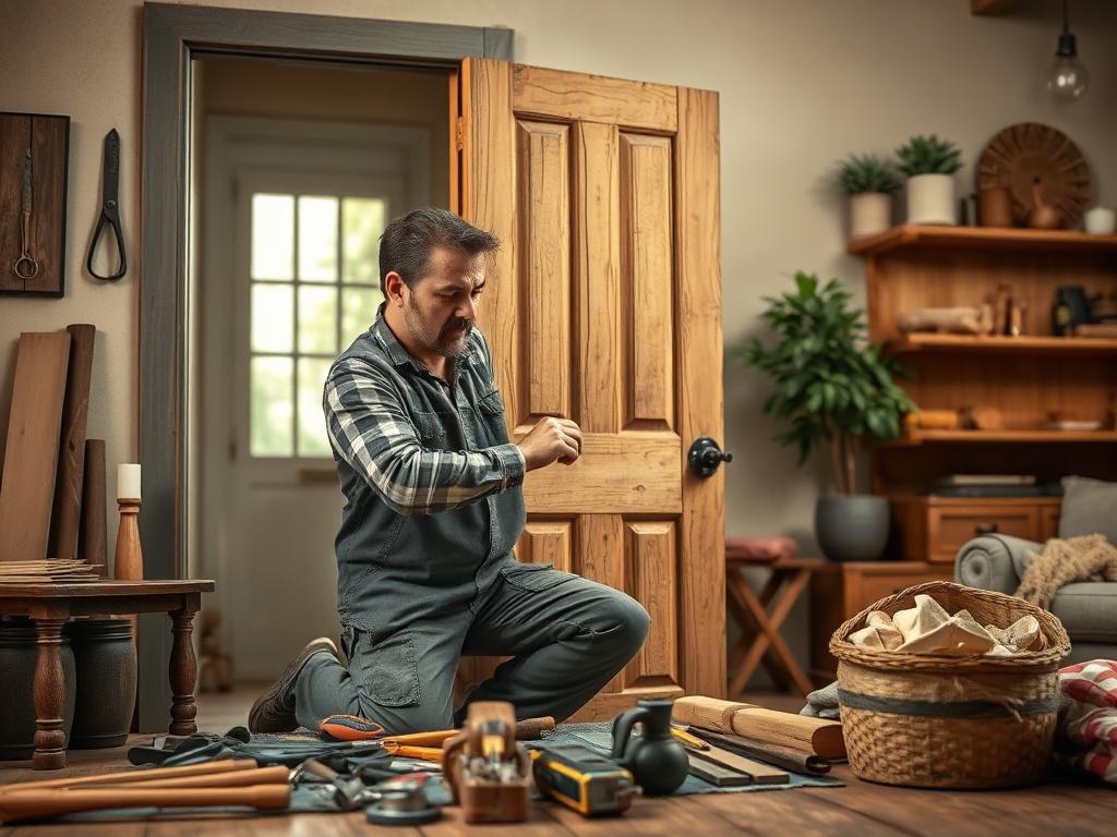 A skilled handyman fixing a door, surrounded by tools and materials, in a cozy home setting. The background features a well-lit, comfortable room with inviting decor, emphasizing the handyman's attention to detail and professionalism.