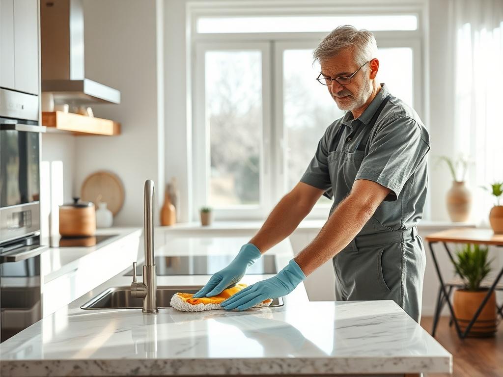 **Prompt for AI Image Generator:**
Create a realistic high-resolution photo of a professional cleaner actively engaged in a deep cleaning process in a stylish, modern home setting. The cleaner, a middle-aged individual wearing a neat uniform, should be the central focus of the image as they scrub the kitchen countertop, showcasing their dedication and expertise. The background should include a clean and well-organized kitchen with glimmering appliances, bright natural light streaming through large windows,