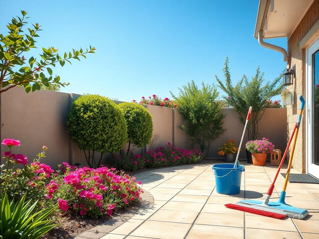A high-resolution photo of a clean, well-maintained outdoor space, featuring a sparkling patio, trimmed bushes, and vibrant flowers. The scene captures the essence of professional cleaning, with a clear blue sky in the background. The image should include a subtle hint of cleaning supplies like brooms and buckets placed neatly aside, emphasizing the cleanliness and freshness of the environment.