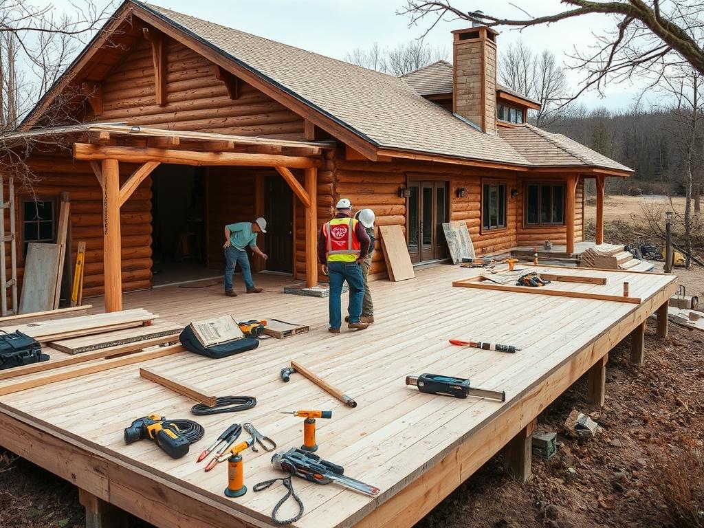A stunning high-resolution photo of a construction site in progress, featuring workers collaborating on building a deck. The image should convey teamwork and dedication, with tools and materials visibly organized around the site. The background showcases a rustic home under renovation, emphasizing the potential of the construction services offered by The Outdoor Pros LLC. The scene captures the energy and momentum of a project in action.